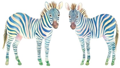 Fototapeta premium Two colorful zebras standing side by side in a whimsical style against a plain background