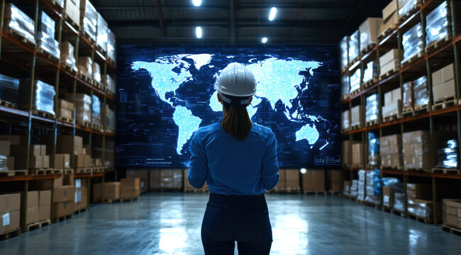 A warehouse manager using advanced digital technology to analyze global shipping routes displayed on a high-tech screen, enhancing logistics efficiency and decision-making in supply chain management.