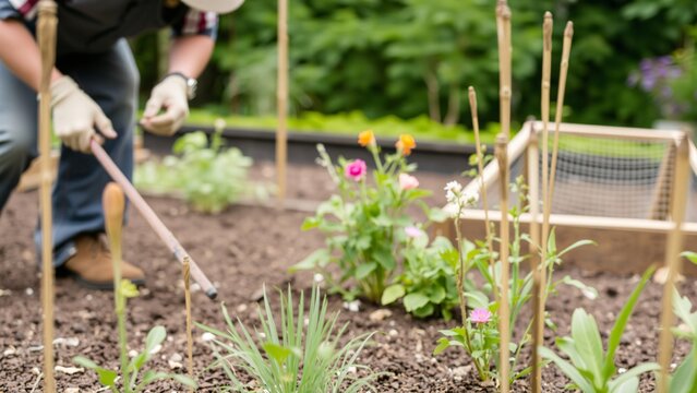 Gardener Planting Seedlings in Raised Garden Bed