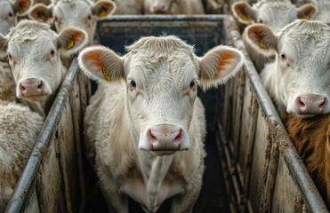 Captivating Close-Up of White Cattle in Livestock Pen Showcasing Expression, Texture, and Details Within a Farming Environment for Agricultural Imagery