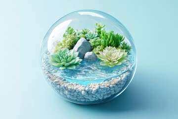 Glass terrarium with succulents, water, and stones; tranquil scene, nature, home decor