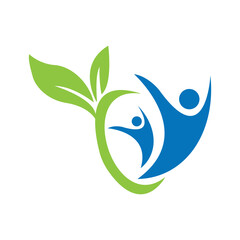 Eco-friendly community care logo with abstract people and green leaves symbolizing growth and support