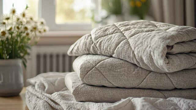 Cozy bedding arranged on a table with a view of flowers and sunlight in a bright room