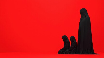 Mourning family, cultural attire, grief expression, 3D illustration