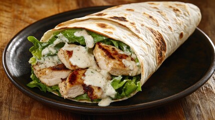 Grilled chicken Caesar wrap on dark plate, wooden background, healthy lunch