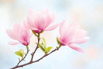 Obraz premium Delicate pink magnolia flowers blooming on a branch against a soft, blurred pastel background, symbolizing spring