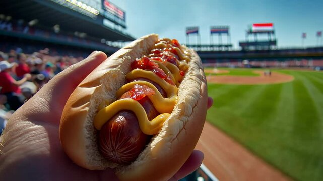POV close up of a hotdog covered in ketchup and mustard held in a mans hand with a professional baseball game in the background on sunny day.