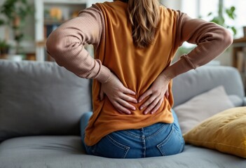 Woman Experiencing Lower Back Pain While Sitting on Sofa