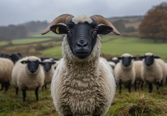 Fototapeta premium Close-Up of a Black-Faced Sheep Surrounded by Flock in Rustic Pastoral Landscape Under Overcast Sky, Capturing Nature's Tranquility and Livestock Culture