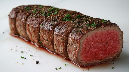 A long piece of meat with a red center and a sprinkle of parsley on top