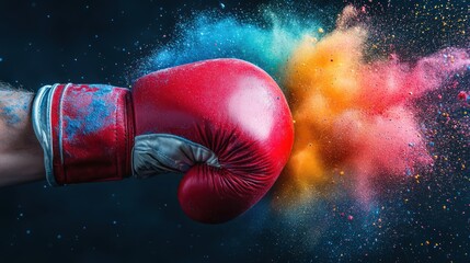 Red boxing glove punches colorful powder explosion.