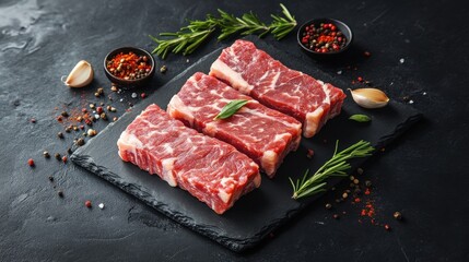A slab of meat is on a black counter with a variety of spices and herbs