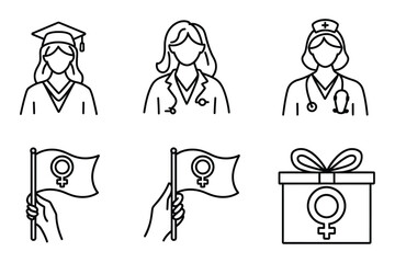 International Women’s Day Black Line Art Icons – Female Empowerment, Education, and Healthcare Symbols