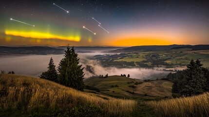 A stunning meteor shower with bright streaks of light cutting across a star-filled sky, creating a dramatic celestial event
