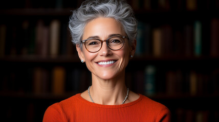 smiling woman with short gray hair and glasses, wearing orange sweater, exudes confidence and warmth in library setting