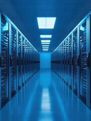 Fototapeta premium A futuristic data center corridor featuring rows of servers illuminated by cool blue lighting.