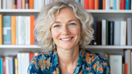 Smiling woman with curly hair in colorful shirt, sitting in front of bookshelves. Her joyful expression and vibrant attire create warm, inviting atmosphere