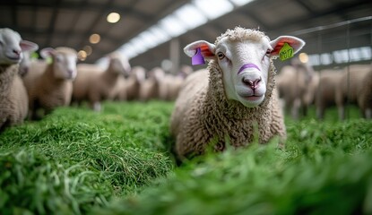 Naklejka premium Close-Up of a Sheep in a Barn Surrounded by Fresh Green Grass, Highlighting the Texture of Wool and the Gentle Expression of the Animal in a Farm Setting