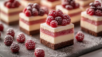 Delicious raspberry cheesecake squares dusted with powdered sugar.