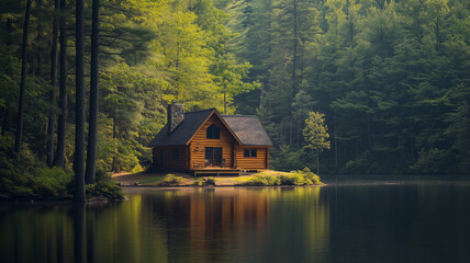 Obraz premium Rustic Log Cabin by a Tranquil Lake in the Forest