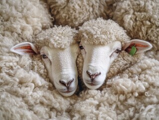 Naklejka premium Close-up of Two Sheep with Fluffy Wool Surrounded by Fleece in a Cozy Barn Setting, Capturing Their Gentle Nature and Unique Facial Characteristics