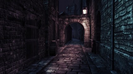 Fototapeta premium A dark alley in an old medieval town, a small archway leading to another street, brick walls and stone buildings, dim lighting casting shadows on the ground, a sense of mystery and history.