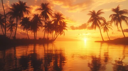 Obraz premium Sunset Reflections over Tropical Waters with Silhouetted Palm Trees and Golden Sky
