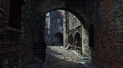 A dark alley in an old medieval town, a small archway leading to another street, brick walls and stone buildings, dim lighting casting shadows on the ground, a sense of mystery and history.