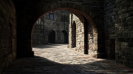 Fototapeta premium A dark alley in an old medieval town, a small archway leading to another street, brick walls and stone buildings, dim lighting casting shadows on the ground, a sense of mystery and history.