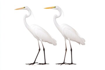 Obraz premium Two elegant white herons standing gracefully against a clean white background, showcasing their long necks