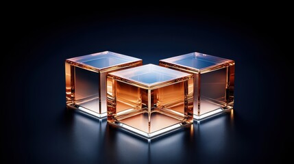Glowing geometric glass cubes in a dark setting showcasing intricate reflections and lighting effects in a captivating arrangement