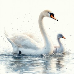 Obraz premium Majestic swans gracefully swimming in serene waters, splashes creating ripples, showcasing nature's beauty