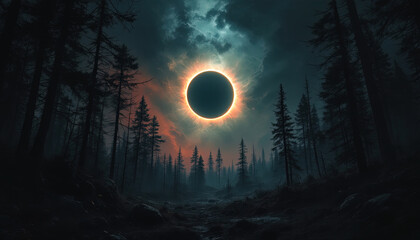 dark scary forest scene with surreal eclipse, apocalyptic landscape