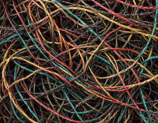 Digital generated images of chaotic, yet visually striking, tangle of thin, colored wires or tubes. The vibrant, twisting wires illustrate the creative processes' boundless and unpredictable nature.
