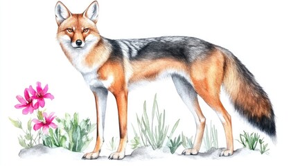 Fototapeta premium A vibrant illustration of a fox standing among colorful flowers in a natural setting, showcasing wildlife