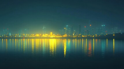 A long shot of the night view from the city, with yellow lights reflecting on the calm sea water, seen across to the distant yellow town, in darkness with the subtle glow of neon signs and streetlight