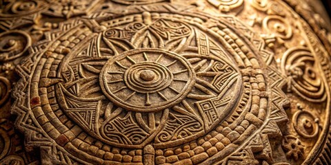 Fototapeta premium A close-up of a mysterious, ancient-looking artifact with intricate carvings and symbols etched into its surface, ancient relic, unknown entity