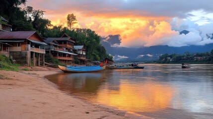Fototapeta premium Sunset over river village with boats on sandy shore.