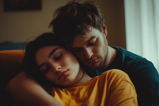 Couple quarrel family problem breakup misunderstanding conflict divorce Caucasian man husband guy calming crying sad woman wife girl feel guilty say sorry apologize ask forgiveness supporting at home