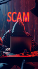 Dark Room Crypto Hacker with Laptop and Coins