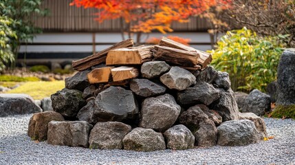 Wood and stones in a Japanese garden.