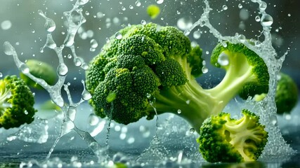 Fresh Broccoli Splashing Water Healthy Eating