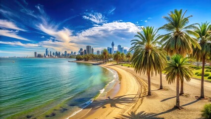 Naklejka premium Panoramic beach scene with palm trees and clear blue waters in Melbourne