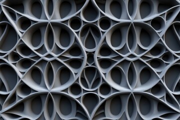 Abstract graphic 3d illustration of symmetrical repeating dark gray patterns of geometric shapes and lines with shadows