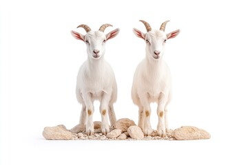 Fototapeta premium Two white goats standing on a bed of rocks, showcasing their playful nature in a bright, minimalist setting