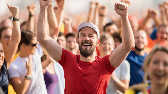 joyful man in red shirt and cap celebrates amidst supportive crowd cheering for marathon runner. diverse group of people in background adds to lively atmosphere