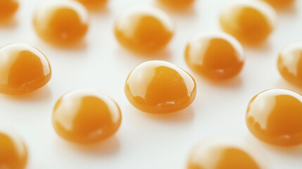 A close-up of caramel candy on a white background
