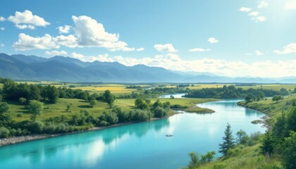 Serene River Valley Mountain Landscape Under Blue Sky