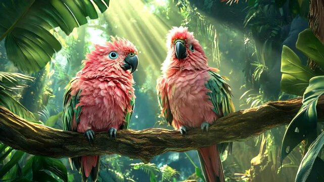 Two colorful pink parrots sit on a branch in a lush tropical rainforest at midday, surrounded by vibrant greenery and sunlight