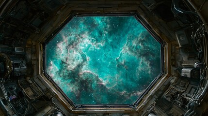 Stunning View of Colorful Cosmic Nebula Through an Octagonal Spacecraft Window in Deep Space